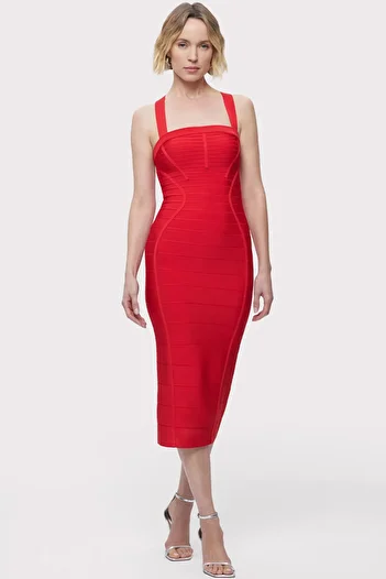 Herve Leger CROSS BACK BANDAGE MIDI DRESS - HERVE LEGER - RED, M