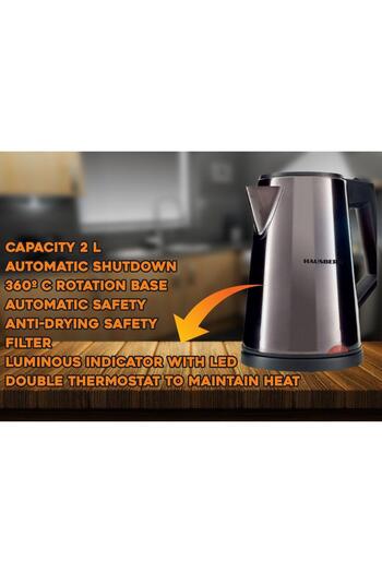Hausberg Electric kettle HB-3620, 1800W, 2L, filter, automatic shut-off, LED, thermostat, Stainless steel