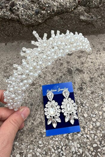 Hobigram Alyce Cream Pearl Bridal Henna Crown Special Occasion Accessory Women's Crown and Three Shuttle Earrings Set