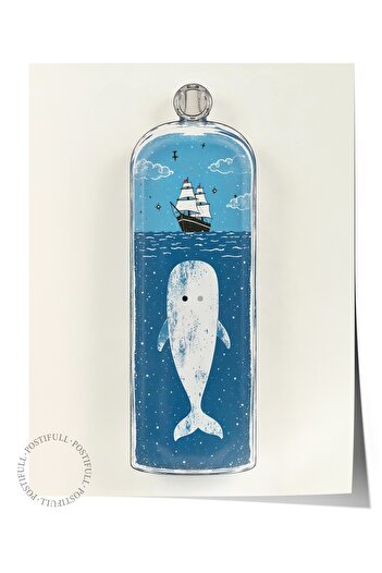 Postifull Frameless Wall Poster, White Whale, Illustration, Blue Color Poster, 2025 Summer Selection, No:109522