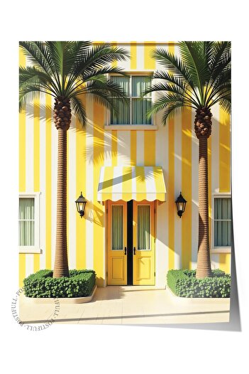 Postifull Frameless Wall Poster, Yellow House and Palm Trees, Photo, Maximalist, Yellow Color Poster, 2025