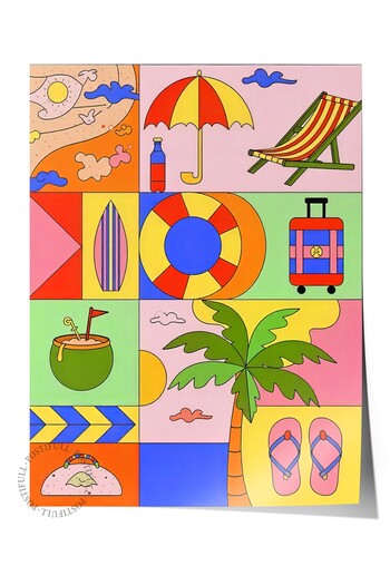 Postifull Frameless Wall Poster, Summer Elements, Illustration Maximalist, Pink Color Poster, Summer Selection of 2025,