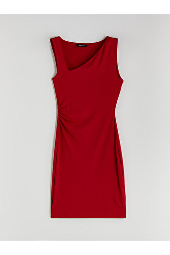 LC Waikiki Asymmetrical V Neck Gathered Crepe Dress