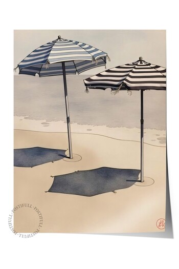 Postifull Frameless Wall Poster, Umbrella on the Beach, Illustration, Blue Color Poster, 2025 Summer Selection, No:10969
