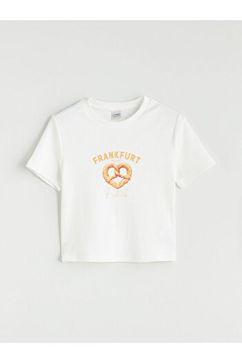 LC Waikiki Crew Neck Frankfurt Printed Girl's Crop T-Shirt