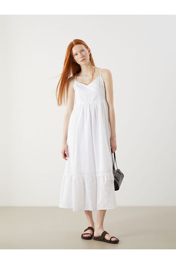 LC Waikiki White V-Neck Embroidered Strap Brode Dress