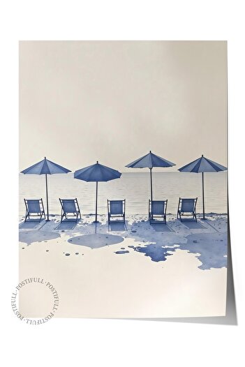 Postifull Frameless Wall Poster, Beach Chairs, Illustration, Blue Color Poster, Summer Selection of 2025, No:10