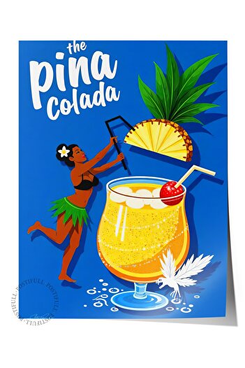 Postifull Frameless Wall Poster, Pina Colada, Illustration, Maximalist, Navy Blue Color Poster, 2025 Summer Selection