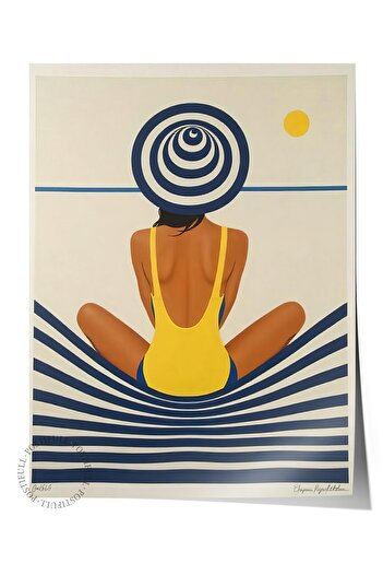 Postifull Frameless Wall Poster, Woman on the Beach, Illustration, Yellow Color Poster, 2025 Summer Selection, No:10960