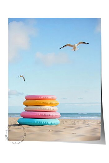 Postifull Frameless Wall Poster, Swimming Ring on the Beach, Photo, Yellow Color Poster, 2025 Summer Selection, No:109