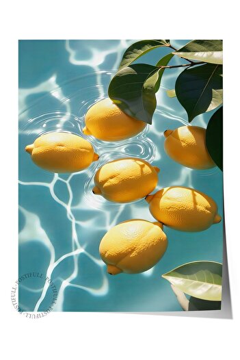 Postifull Frameless Wall Poster, Lemons in Water, Photo, Blue Color Poster, 2025 Summer Selection, No:109697