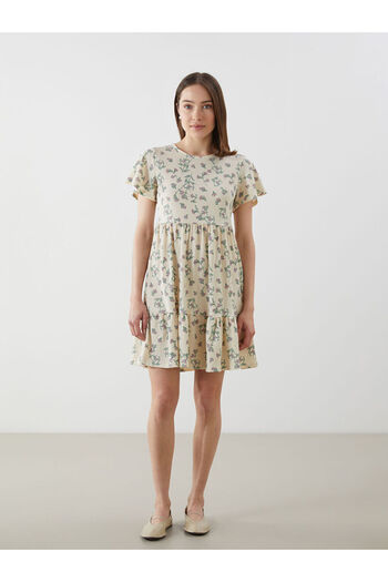 LC Waikiki Ecru Crew Neck Floral Mini Dress