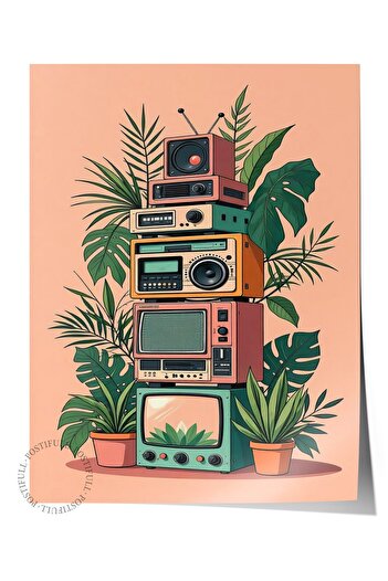 Postifull Frameless Wall Poster, Radios, Illustration, Maximalist, Green Color Poster, 2025 Summer Selection, N