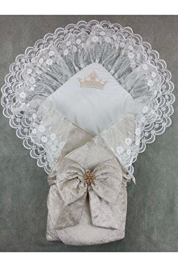 ALFA AKSESUAR 03 Newborn Palace Velvet Crown Embroidered Pearl Bow Double Lace Veil Trilux Swaddle Baby Blanket