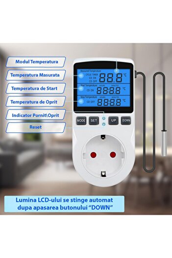 miraza Priza cu Termostat, Programabila, Automatizare Climatizare, 16A, 230V, Sonda Temperatura 1.7M, Ignif