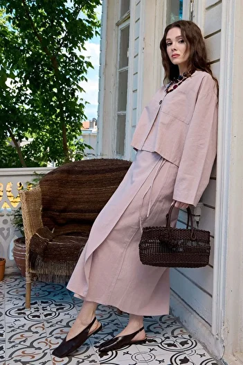 Ceylan Otantik Dusty Rose Organic Linen Single Pocket Jacket & Wrap Skirt Set