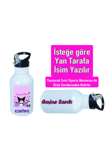 DKDZ SHOP Kuromiii Printed Metal Water Bottle with Straw and Hook 600ml. White