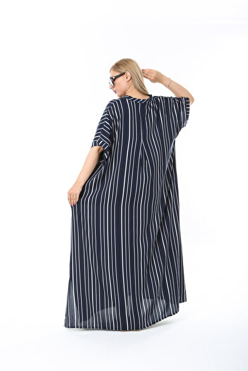 XL Modam Women's Dark Blue Short Sleeve Patterned Woven Viscose Fabric Large Size Dress