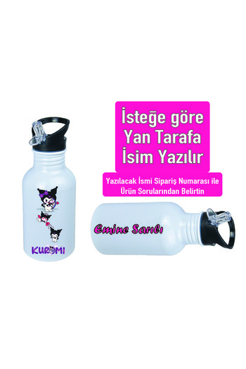 DKDZ SHOP Kuromiii Printed Metal Water Bottle with Straw and Hook 600ml. White