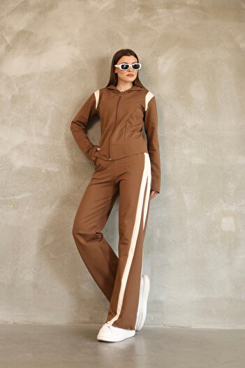 ESL ESLEM Women's Hooded Tracksuit Set Stripe Detailed Straight Leg Zippered Comfortable Fit