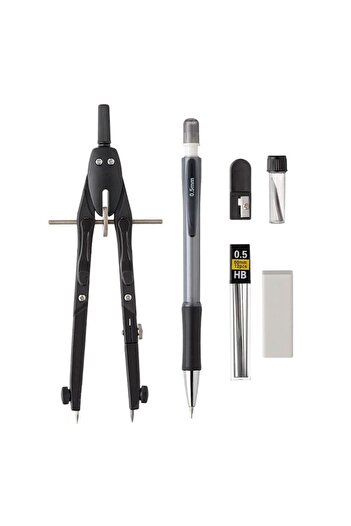 SyaMAG Geometry Tool Set, 6 Pieces, Metal Compass with Wheel, Mechanical Pencil, Black