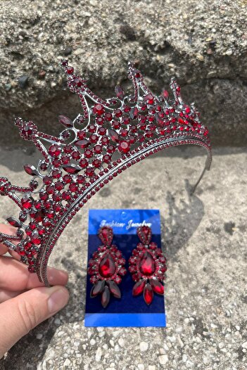 Hobigram Catalina Burgundy Bridal Henna Crown Special Day Accessory Women's Crown and Three Shuttle Shuttle Earrings Set