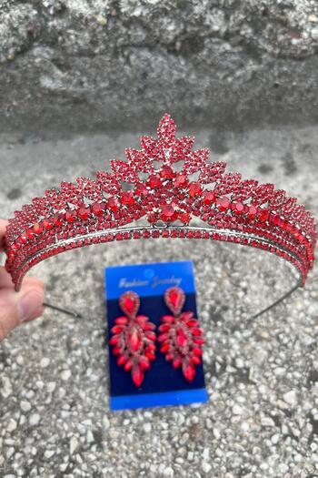Hobigram Daniela Red Bridal Henna Crown Special Day Accessory Women's Crown and Thin Shuttle Earring Set