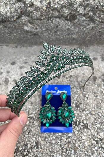 Hobigram Daniela Green Bridal Henna Crown Special Occasion Accessory Women's Crown and Wide Shuttle Earrings Set