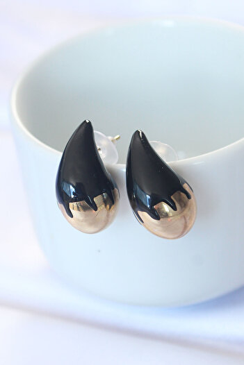 Skygo Minimal Black Enamel Double Color Drop Earrings - Tj-Bkp8868