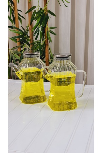 behila Como Metal Covered 1000 ml Borosilicate Glass Oil/Circle Sippy Oil Pot 2 Pieces