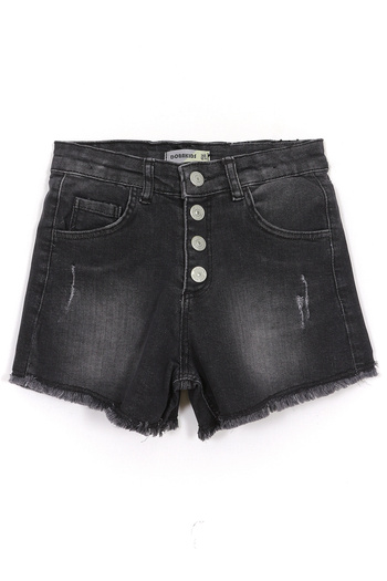 DobaKids Black Girl's Distressed Leg Denim Shorts with Button and Pocket Detail