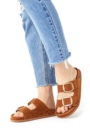 SOFT Women's Tan Suede Genuine Leather Double Buckle Comfortable Daily Slippers – Stylish and Lightweight Summer Sandals