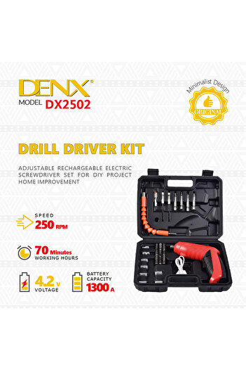 Denx 4.2V Rechargeable Electric Screwdriver Kit with 1300mAh Battery and 40+ Accessories - DX2502