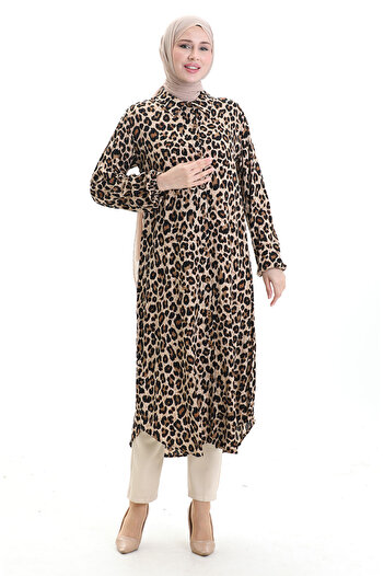 sefamerve Leopard Patterned Long Tunic 0093-01 Brown