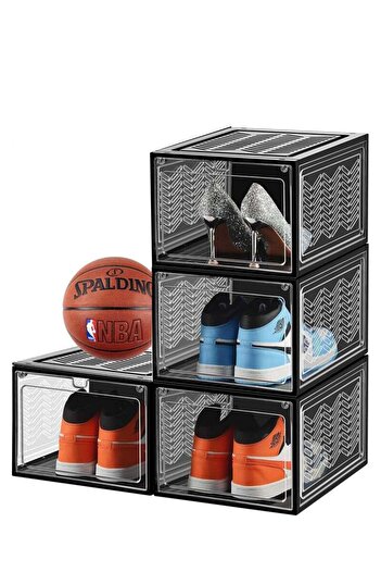 Saharaz 4-Pack Clear Shoe Box,Stackable Plastic Shoe Storage with Transparent Door,Shoe Display Case