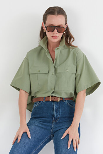 Fulla Moda Basic Double Pocket Long Back Crop Shirt