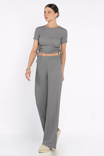 GÜLSELİ Smoked Women's Self Patterned Side Gathered Blouse Trousers Double Suit
