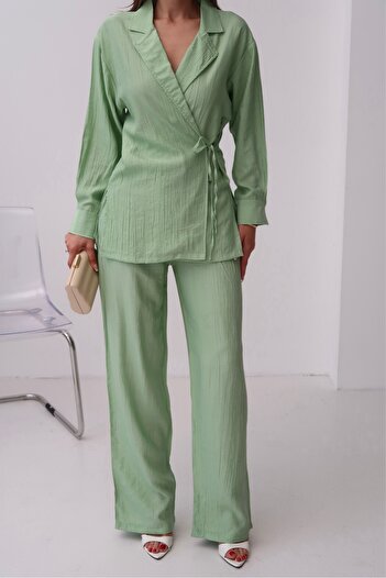 Paw Garage Women's Zarae Double Breasted Collar Side Tie Suit, Shirt-Pants Suit