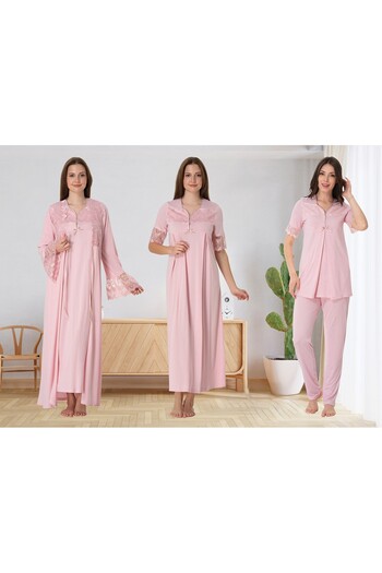 BLACKMORE Powder Sleeve and Collar Lace Design Maternity Nightgown-Dressing Gown and Pajama Set Set of 4