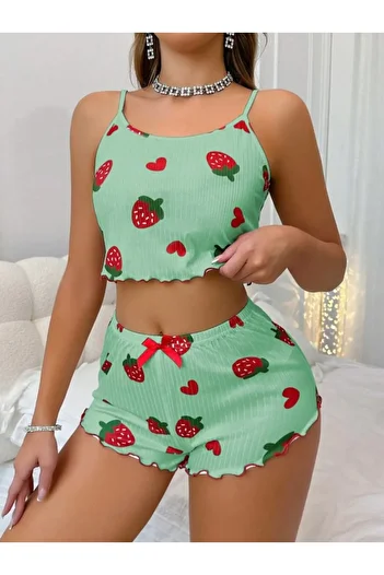 ALORA Women's Strawberry and Heart Patterned Green Shorts Athlete Set