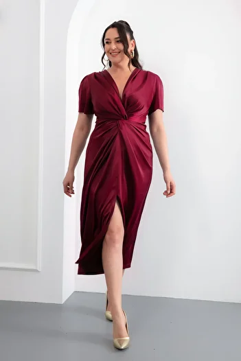 Lafaba Women's Burgundy Knot Detailed Plus Size Midi Satin Dress
