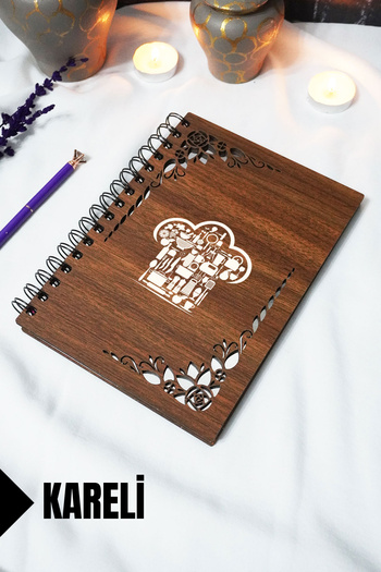 markcat Checkered Recipe Book - Notebook with Wooden Cover - 60 Sheets (120 Pages) - A5 15X21 cm