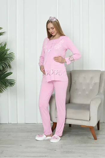 ERDENİZ TEKSTİL Maternity Pajama Set Pool Collar Stylish Lace Detail Buttoned Breastfeeding Cotton Viscose Maternity Set