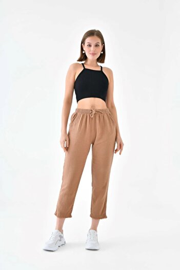 solena sln Women's New Season Linen Elastic Waist Tied Pocket Carrot Cut Trousers