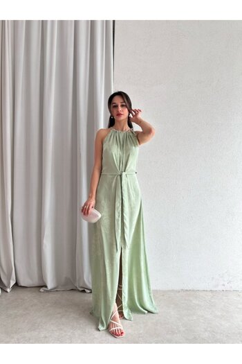 KOSHKA MODA Mint Belden Bağlama Yırtmaçlı Saten Elbise