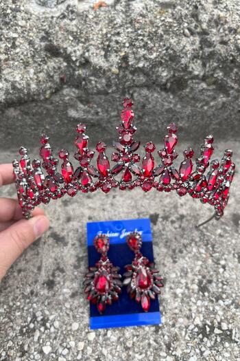 Hobigram Elvira Burgundy Bridal Henna Crown Special Occasion Accessory Women's Crown and Wide Shuttle Earring Set