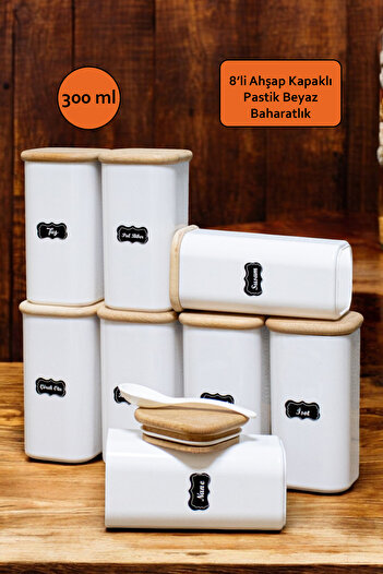 Reyok Home Set of 8 Wooden Lid 300 ml White Spoon Mica Spice Jar Storage Container Set Vacuum Leakproof Lid
