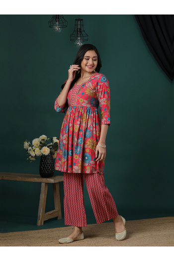 Globus Floral Printed Peplum Tunic and Chevron Print Trousers Co-Ords