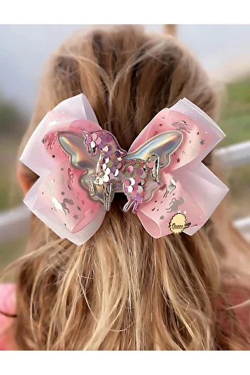 QUEEN AKSESUAR Luxury Design Unicorn Fancy Sequin Pink Automatic Clip Large Metallic Patterned Bow Buckle
