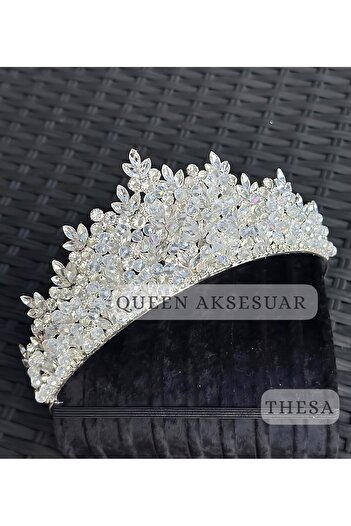 QUEEN AKSESUAR Coroana regală THESA cu diamante, cristal alb, piatră, design de lux, coroană metalică de logodnă, coroană de mireasă, autentică înaltă